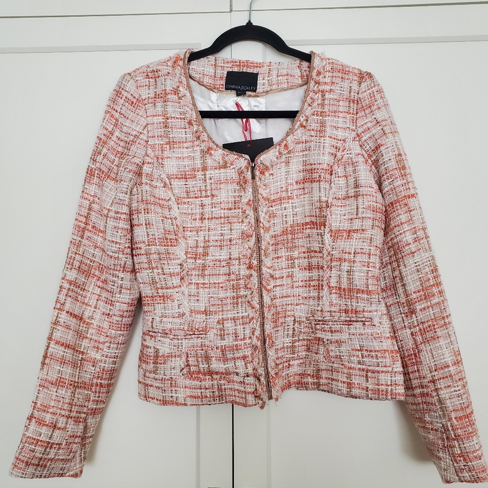 Cynthia Rowley Tweed Boucle Knit Zip Front Blazer Coat Jacket Size Small NEW
